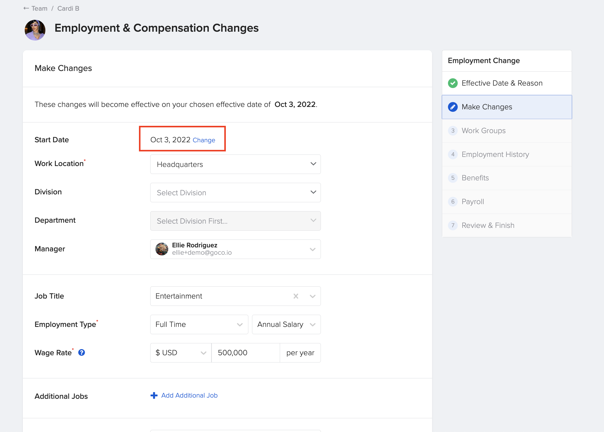 How do I change an employee's hire/start date?